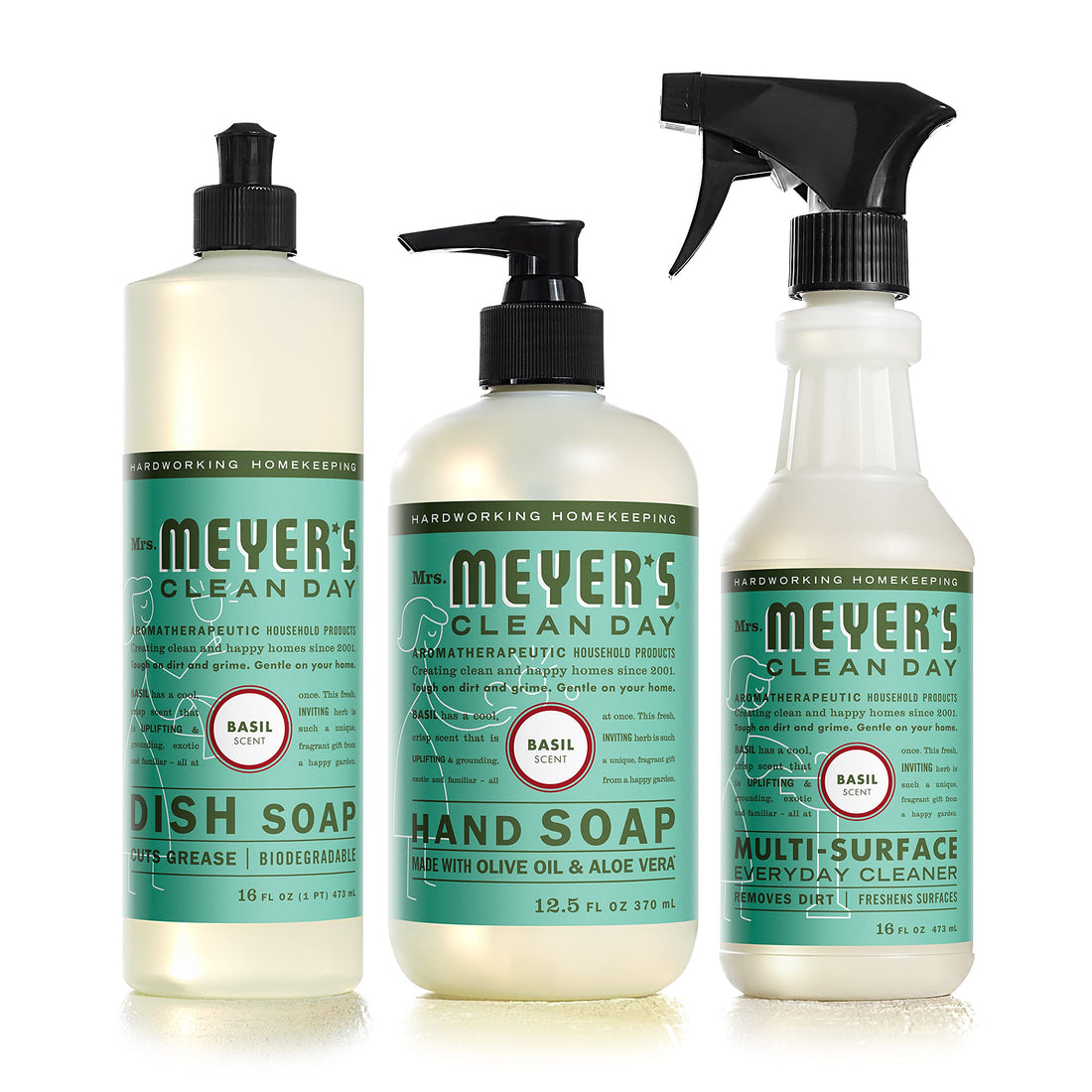 MRS. MEYERS CLEAN DAY Kitchen Essentials Set Includes: Hand Soap Dish Soap and All Purpose Cleaner Basil 3 Count Pack